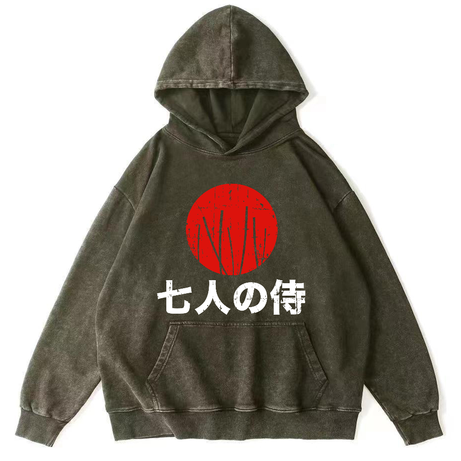 Japanese Style Seven Person Guard Attendant Vintage Washed Hoodie-Zazasy