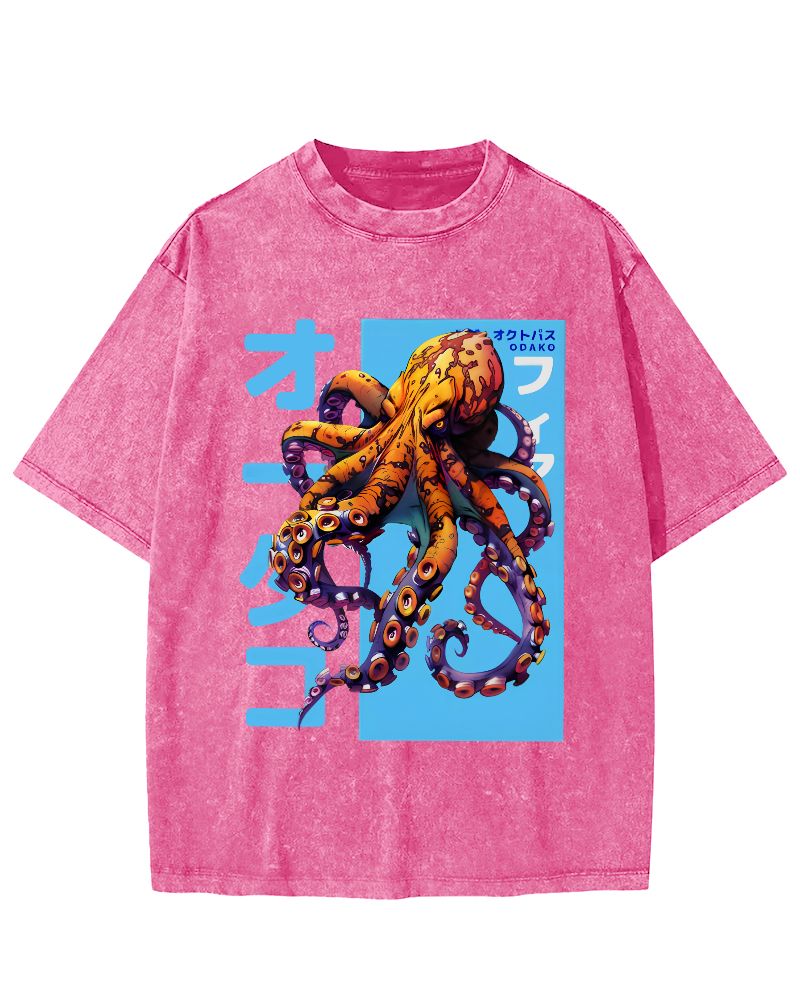Octopus Monster Japanese Vintage Washed T-shirt-Zazasy