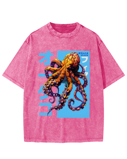 Octopus Monster Japanese Vintage Washed T-shirt-Zazasy