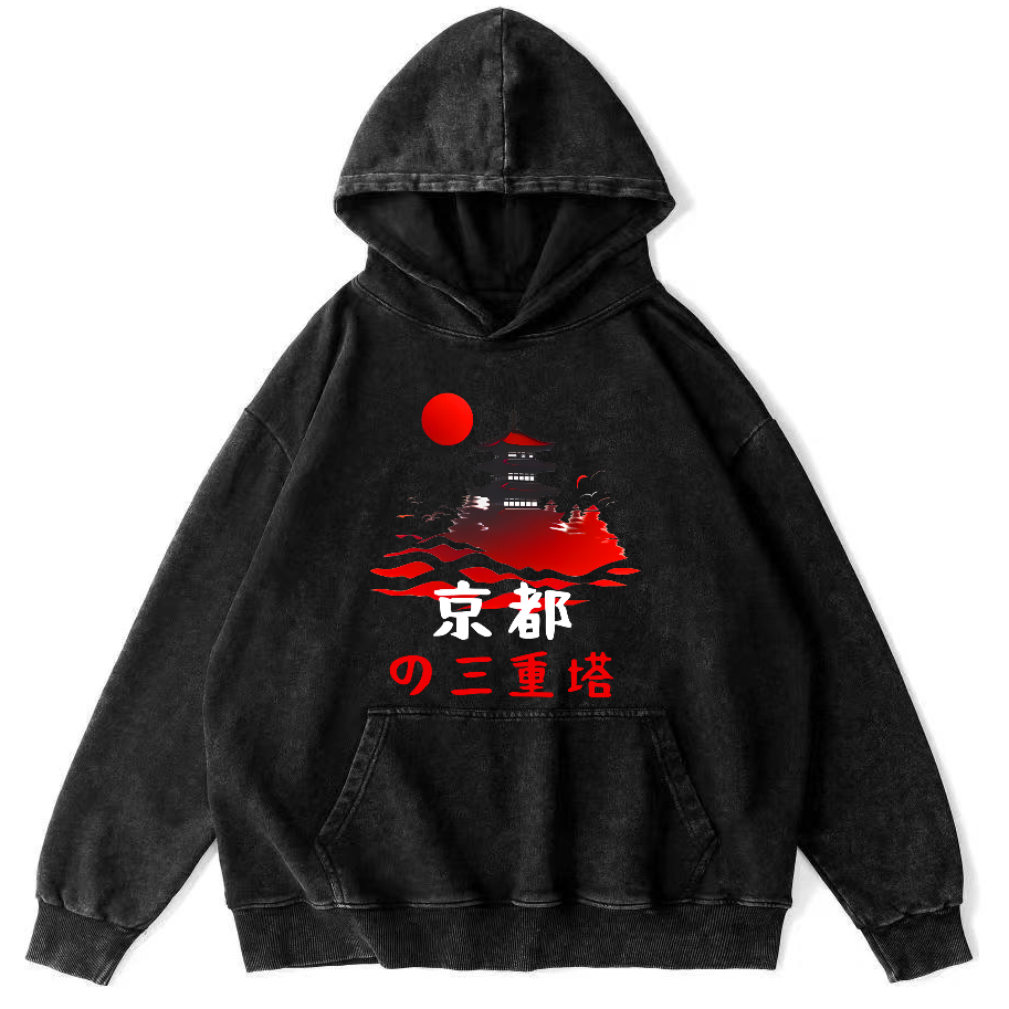 Kyoto Triple Tower Vintage Washed Hoodie-Zazasy