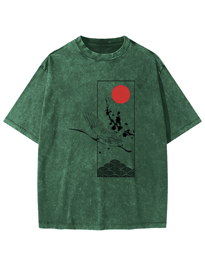 Japanese Sunrise Flying Crane Pattern Vintage Distressed T-shirt-Zazasy
