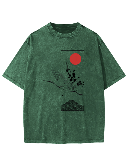 Japanese Sunrise Flying Crane Pattern Vintage Distressed T-shirt-Zazasy