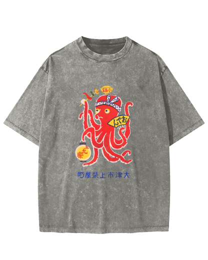 Japanese Octopus Pattern Vintage Distressed T-shirt-Zazasy