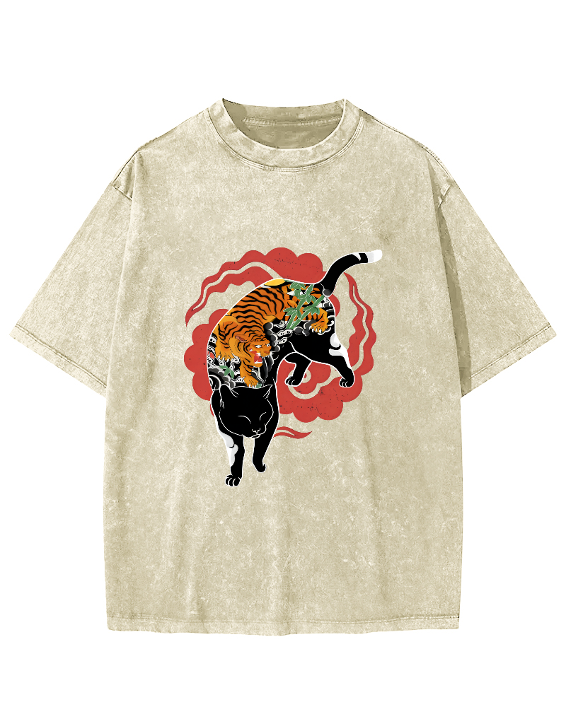 Tiger and Cat Pattern Vintage Distressed T-shirt-Zazasy