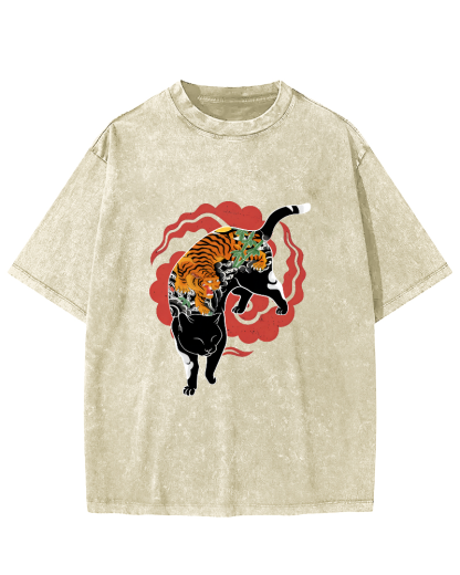Tiger and Cat Pattern Vintage Distressed T-shirt-Zazasy