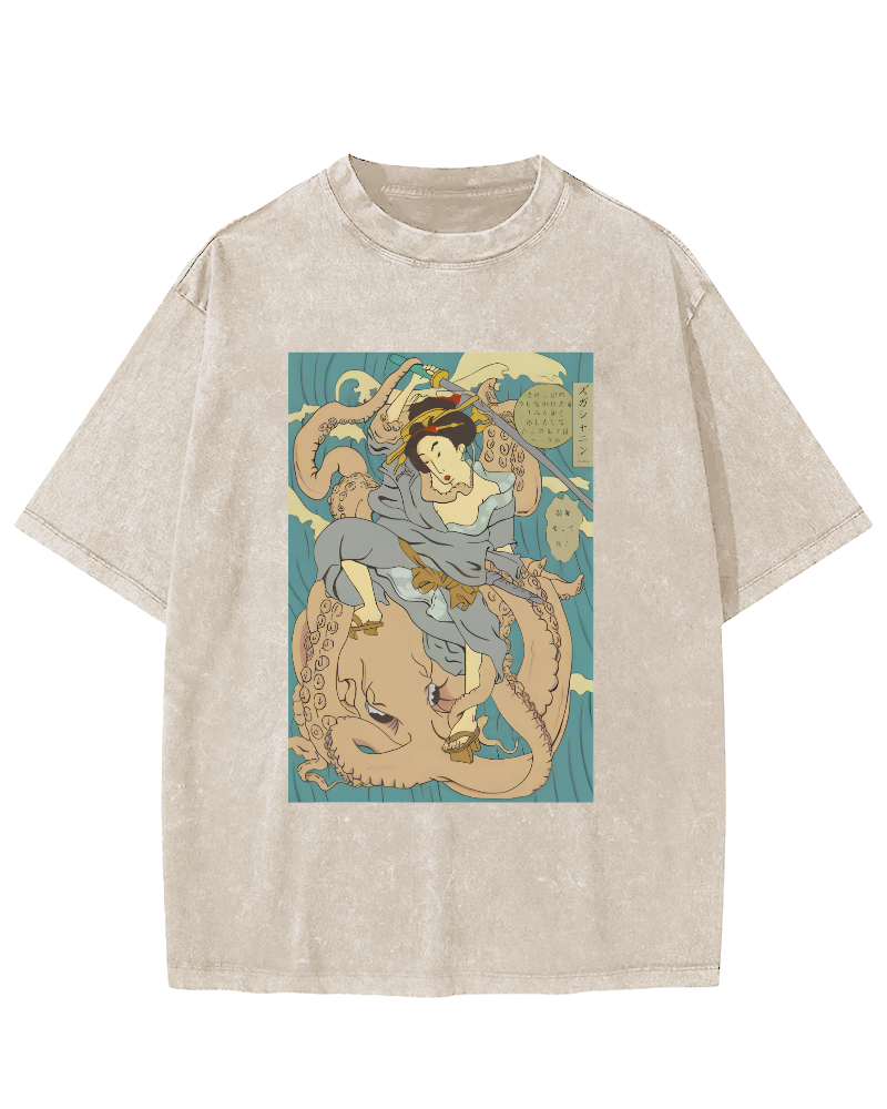 Ukiyo-i Japanese Women Vintage Washed T-shirt-Zazasy