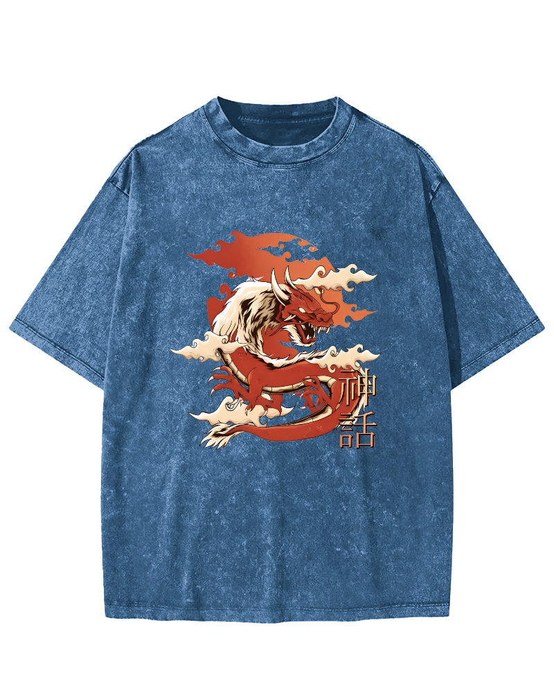 Japanese Dragon Pattern Vintage Distressed T-shirt-Zazasy