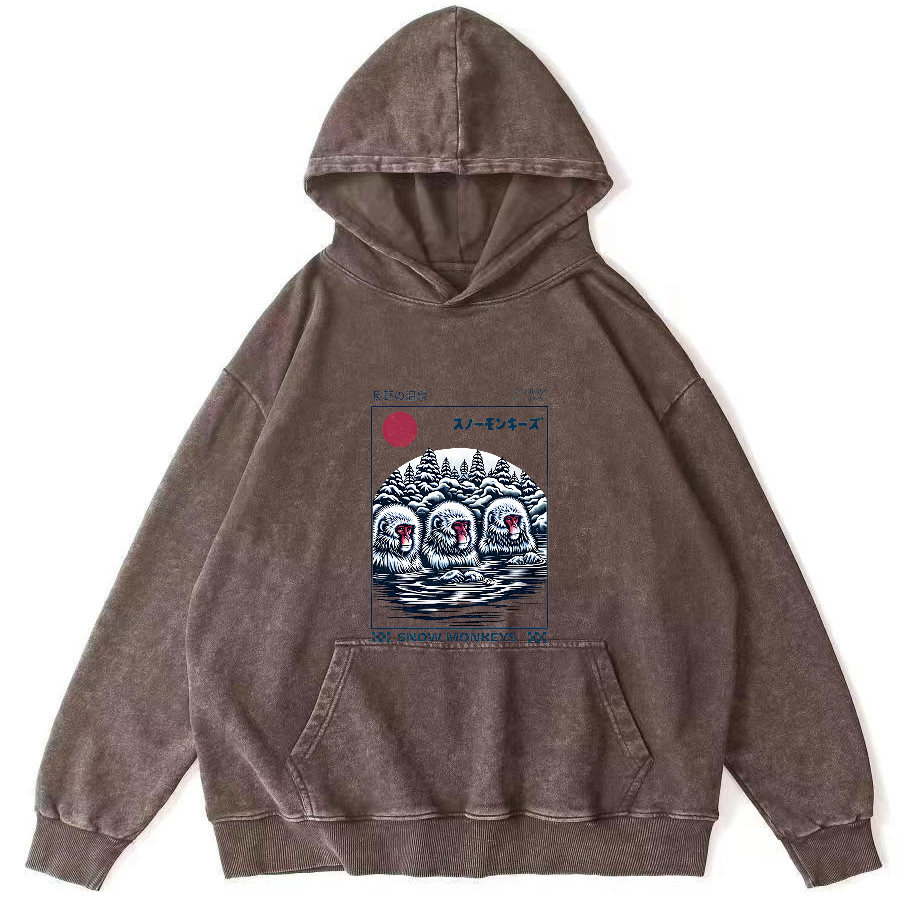 Monkey Pattern In Hot Springs, Japanese Style Vintage Distressed Hoodie-Zazasy