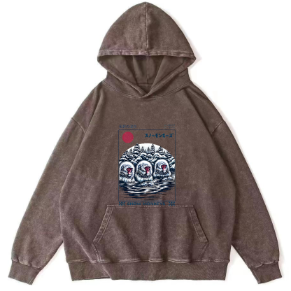 Monkey Pattern In Hot Springs, Japanese Style Vintage Distressed Hoodie-Zazasy