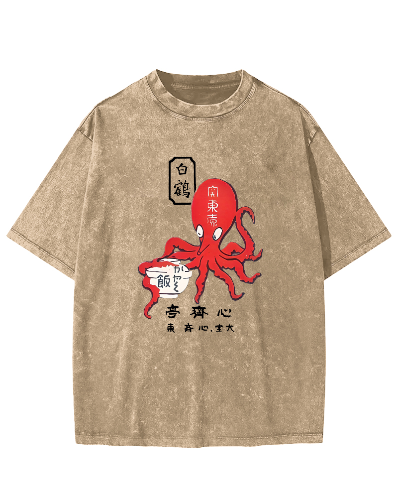 Japanese Script Octopus Pattern Vintage Distressed T-shirt-Zazasy