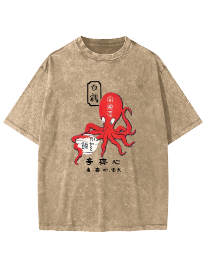 Japanese Script Octopus Pattern Vintage Distressed T-shirt-Zazasy