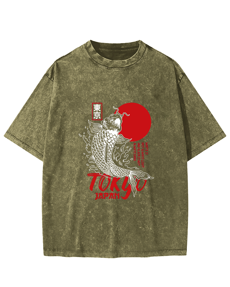 Japanese Script Koi Pattern Vintage Distressed T-shirt-Zazasy