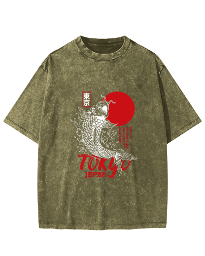 Japanese Script Koi Pattern Vintage Distressed T-shirt-Zazasy