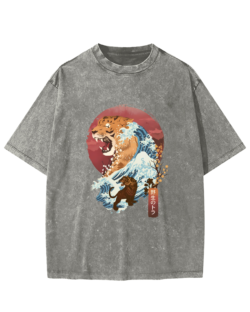 Tiger in Japanese Waves Vintage Distressed T-shirt-Zazasy