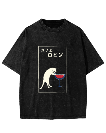 Japanese Script Red wine cat Vintage Distressed T-shirt-Zazasy