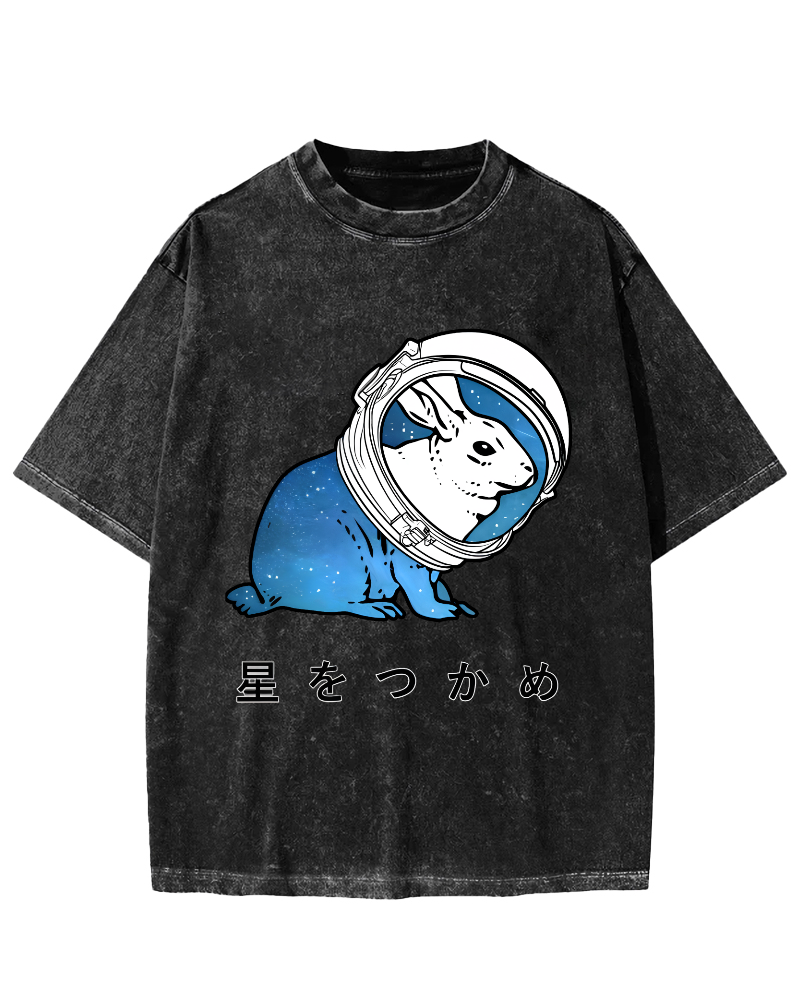 Japanese Style Rabbits On The Moon Vintage Distressed T-shirt-Zazasy