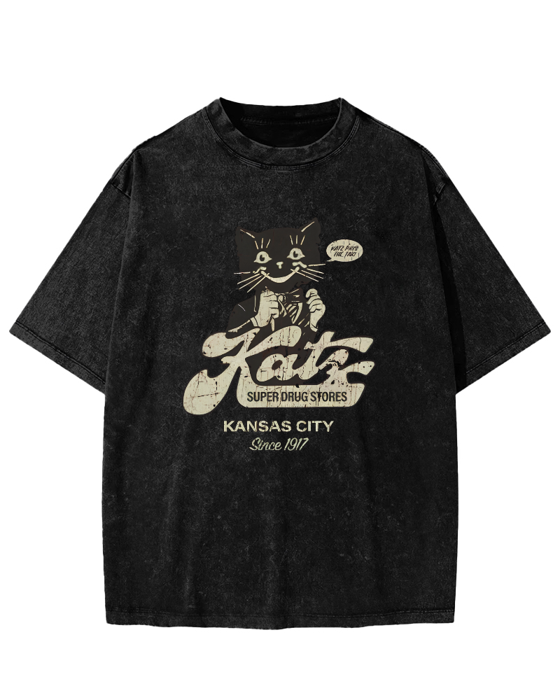 Retro Cat Pattern Japanese Washed T-shirt-Zazasy