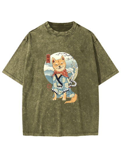 Samurai Shiba Dog Japanese Washed T-Shirt-Zazasy