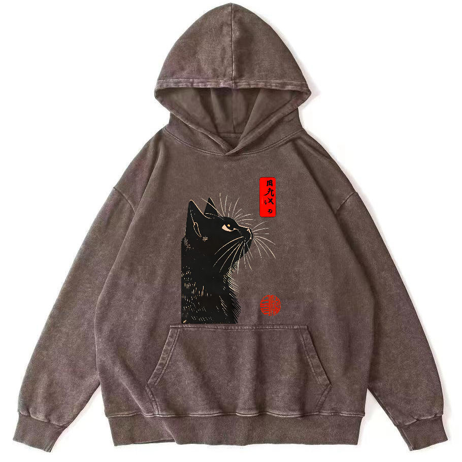 Looking Up At The Japanese Style Cat Vintage Distressed Hoodie-Zazasy