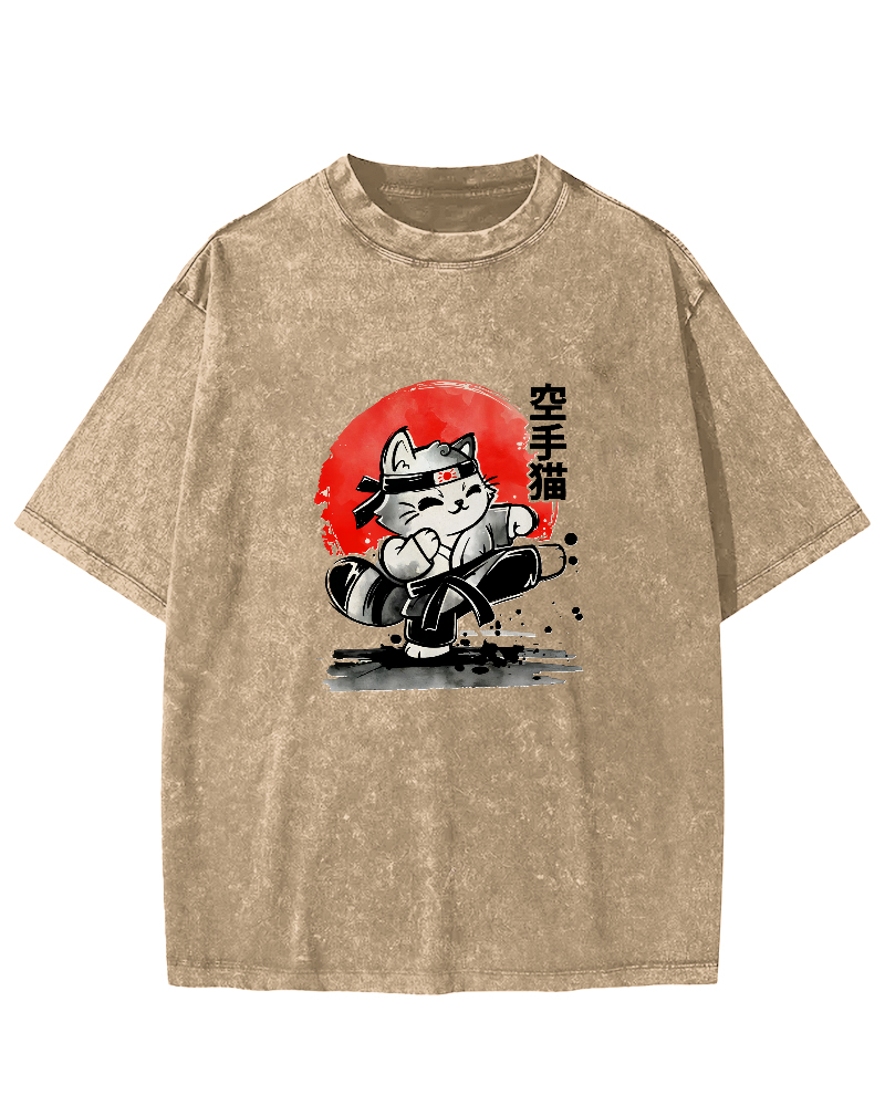 Karate Cat Japanese Style Vintage Distressed T-shirt-Zazasy