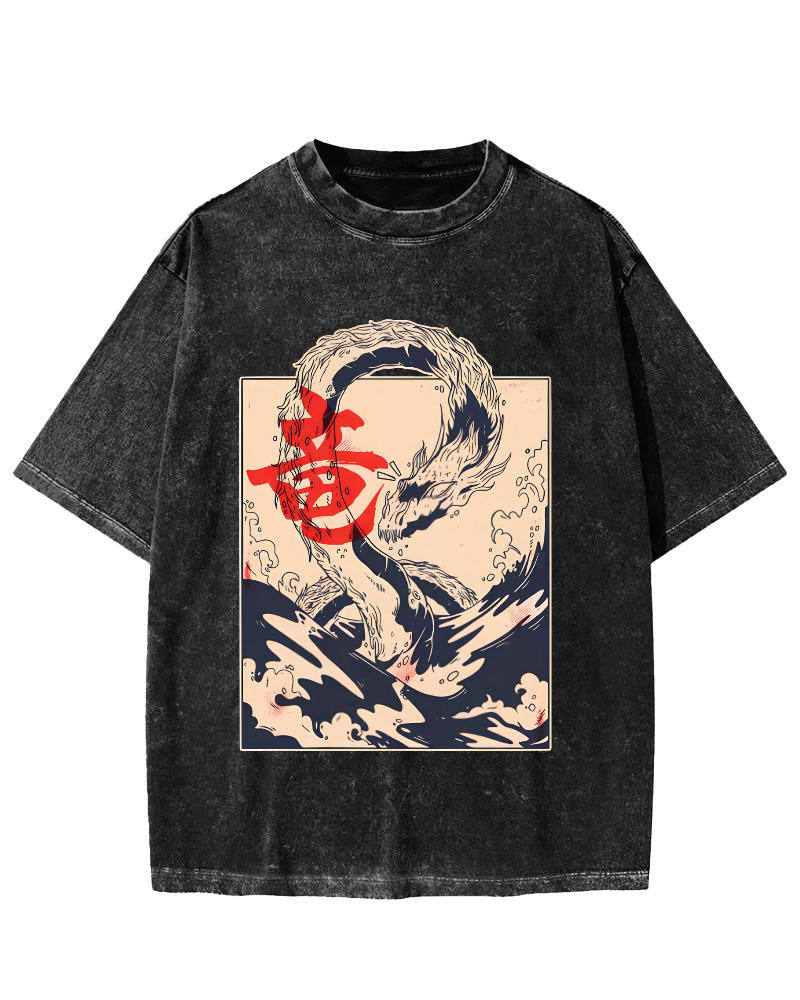 Retro Water God Dragon Pattern Japanese Style Vintage Distressed T-shirt-Zazasy