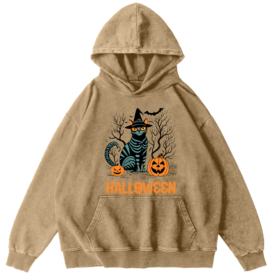 Halloween Cat Vintage Washed Hoodie-Zazasy