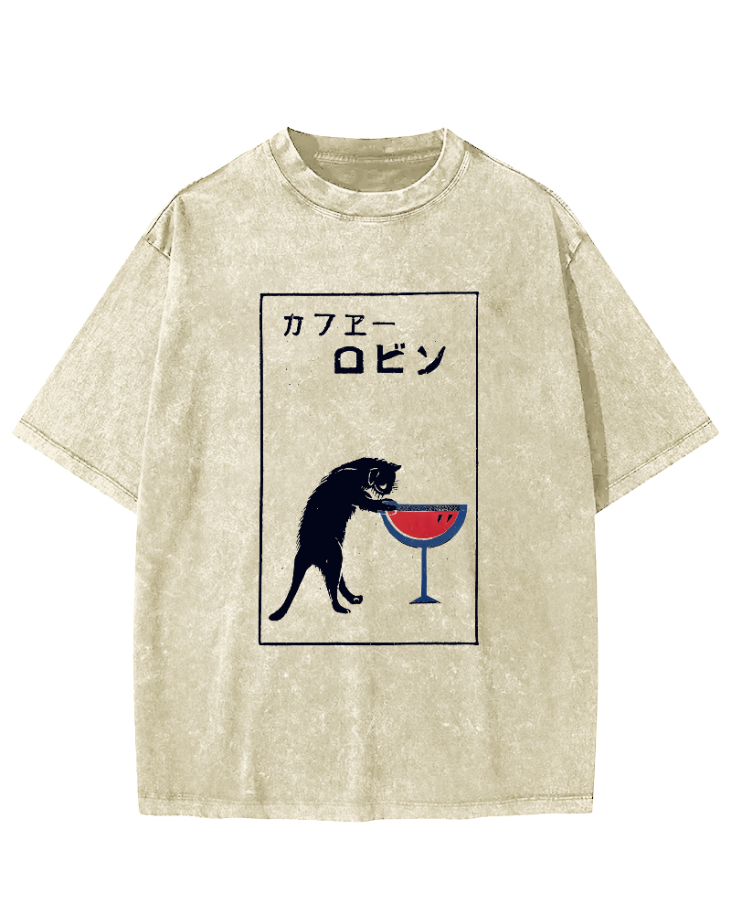 Japanese Script Red wine cat Vintage Distressed T-shirt-Zazasy