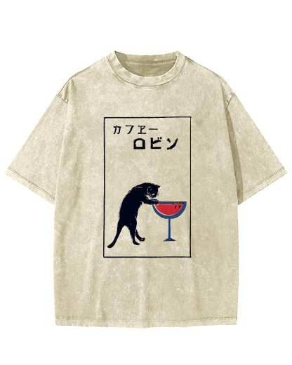 Japanese Script Red wine cat Vintage Distressed T-shirt-Zazasy