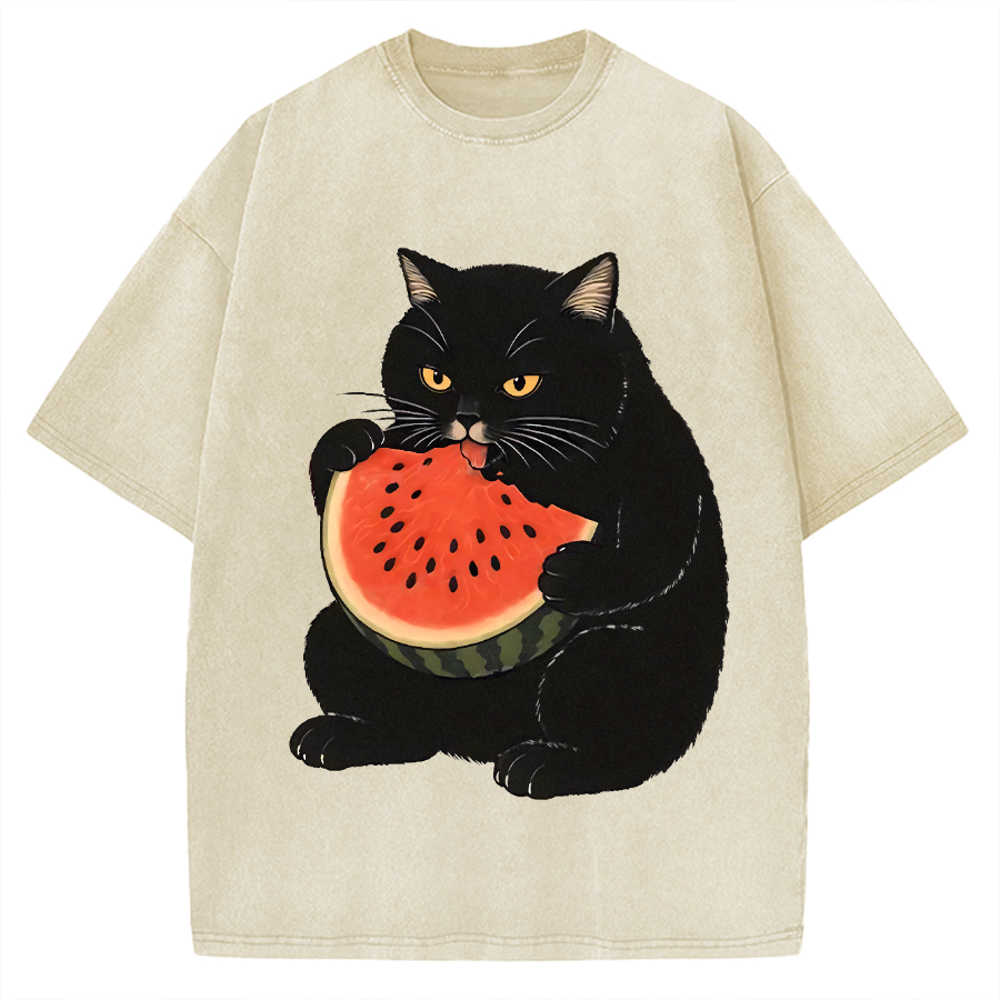 Black cat eating watermelon Vintage Washed T-shirt