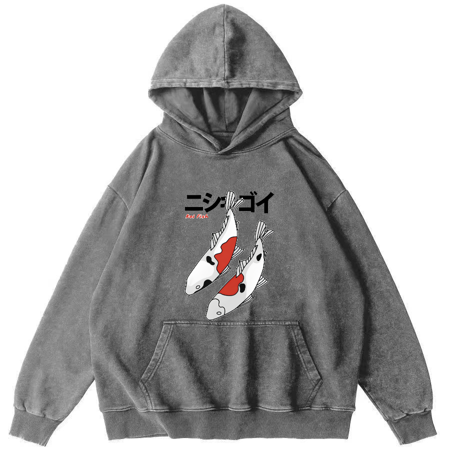 Koi Painting Pattern Japanese Style Vintage Distressed Hoodie-Zazasy