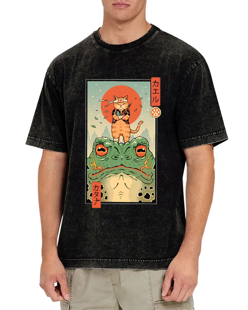Frog And Cat Japanese  Vintage Distressed T-shirt-Zazasy