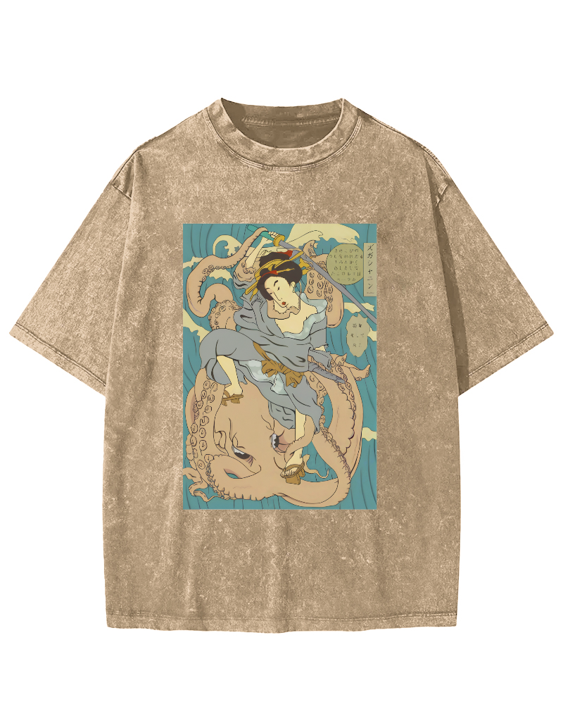 Ukiyo-i Japanese Women Vintage Washed T-shirt-Zazasy