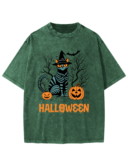 Halloween Cat Vintage Washed T-shirt-Zazasy