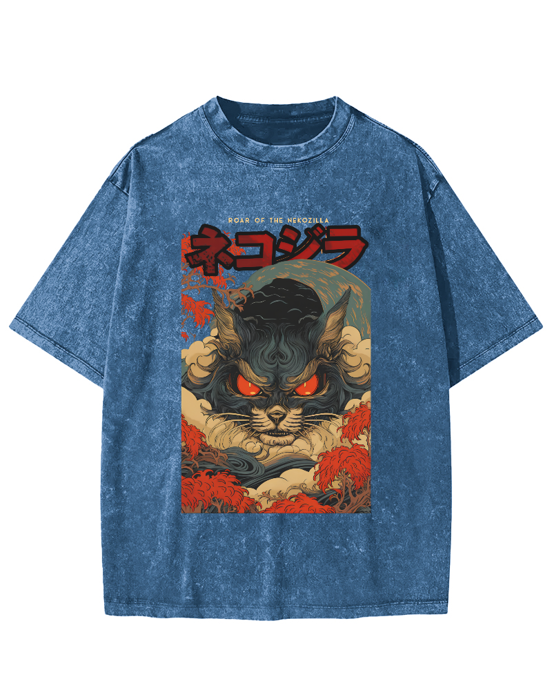 Monster Cat Japanese Style Vintage Washed T-shirt-Zazasy