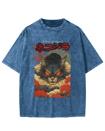 Monster Cat Japanese Style Vintage Washed T-shirt-Zazasy