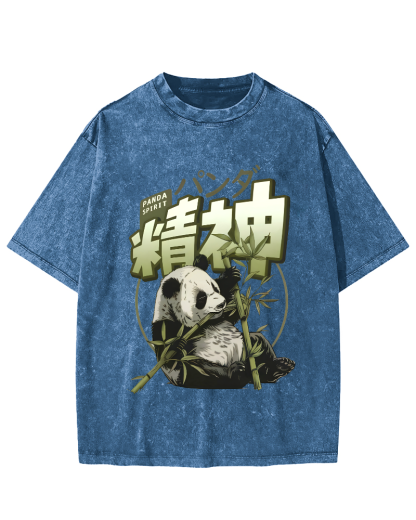 Panda Who Loves Bamboo, Japanese Style Vintage Washed T-shirt-Zazasy