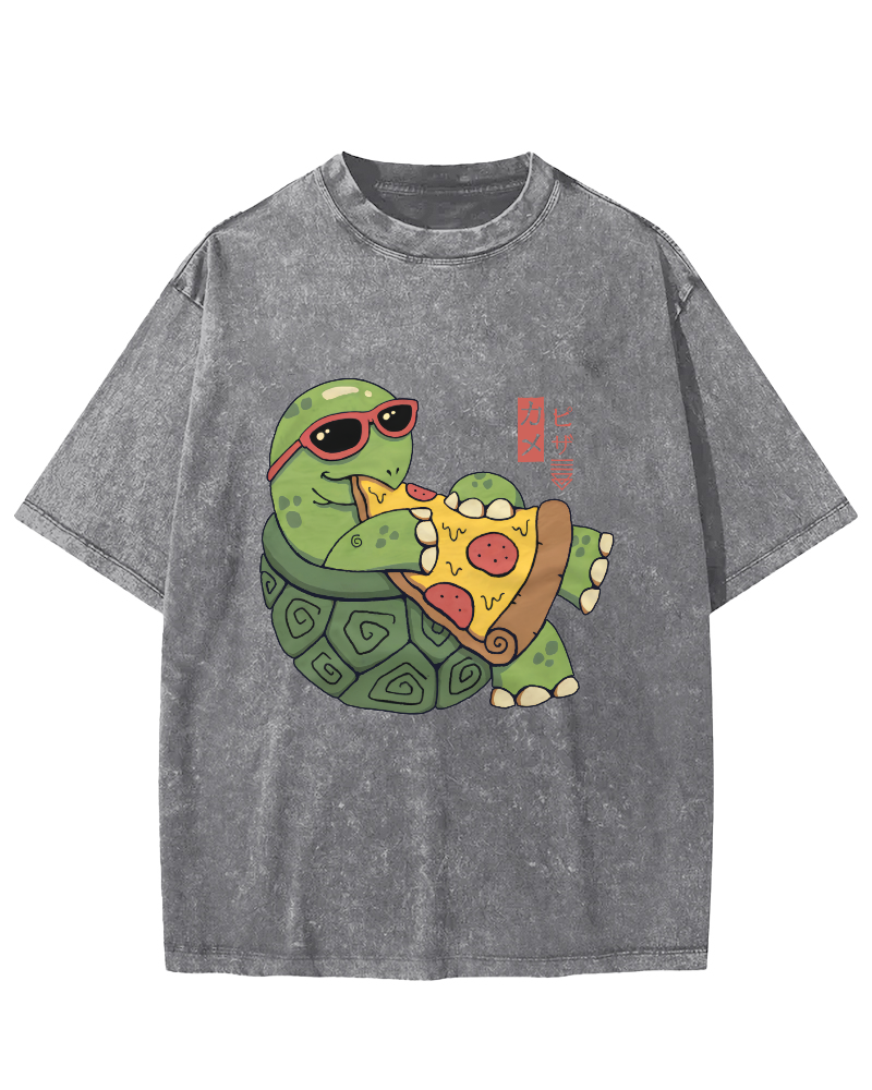 Turtle Japanese Style Pizza Lover Vintage Distressed T-shirt-Zazasy