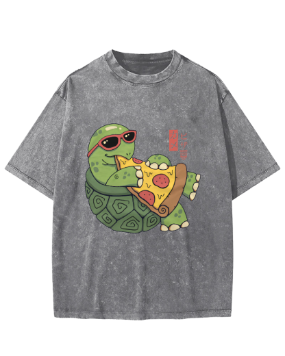 Turtle Japanese Style Pizza Lover Vintage Distressed T-shirt-Zazasy