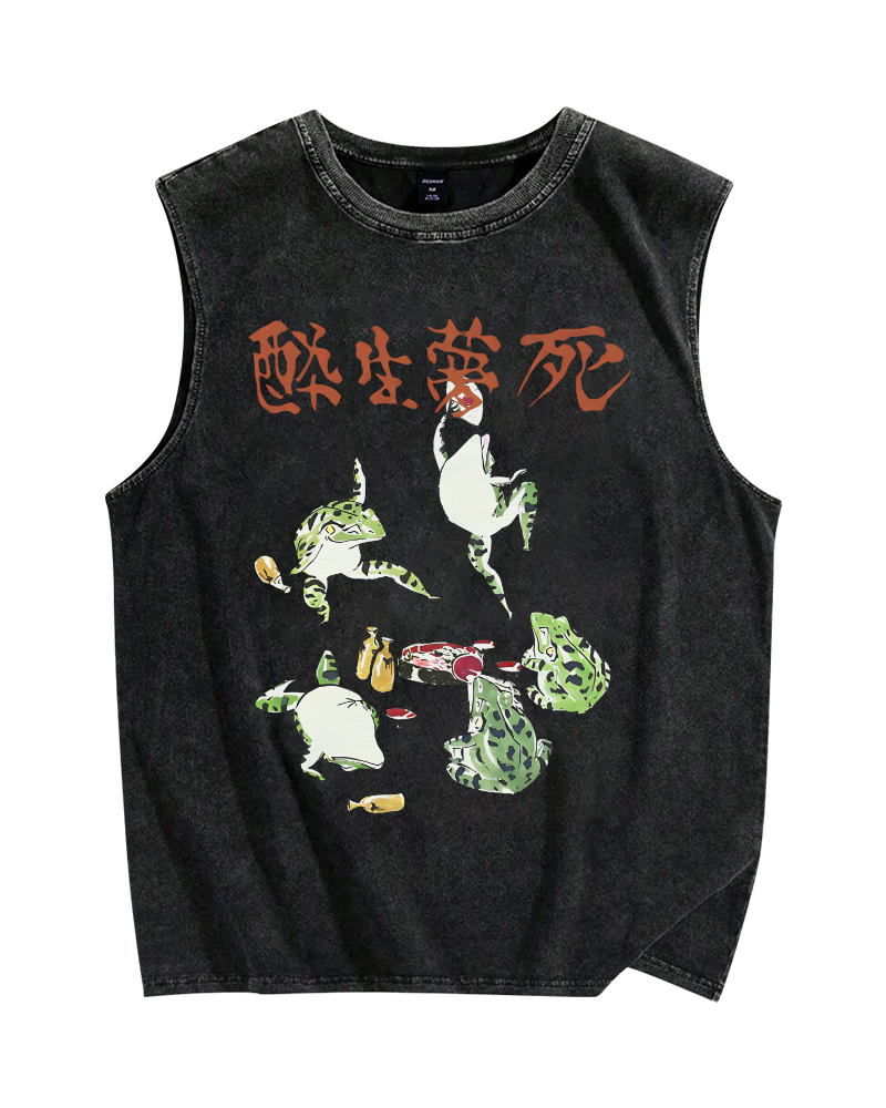 Drunk and Dreaming Frog, Japanese Style Vintage Distressed Washed Tank-Zazasy