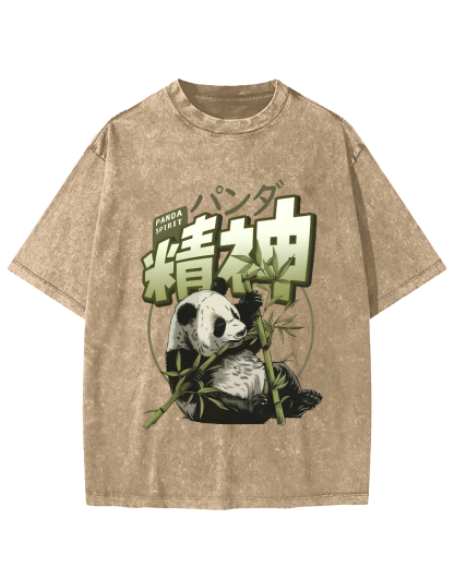 Panda Who Loves Bamboo, Japanese Style Vintage Washed T-shirt-Zazasy