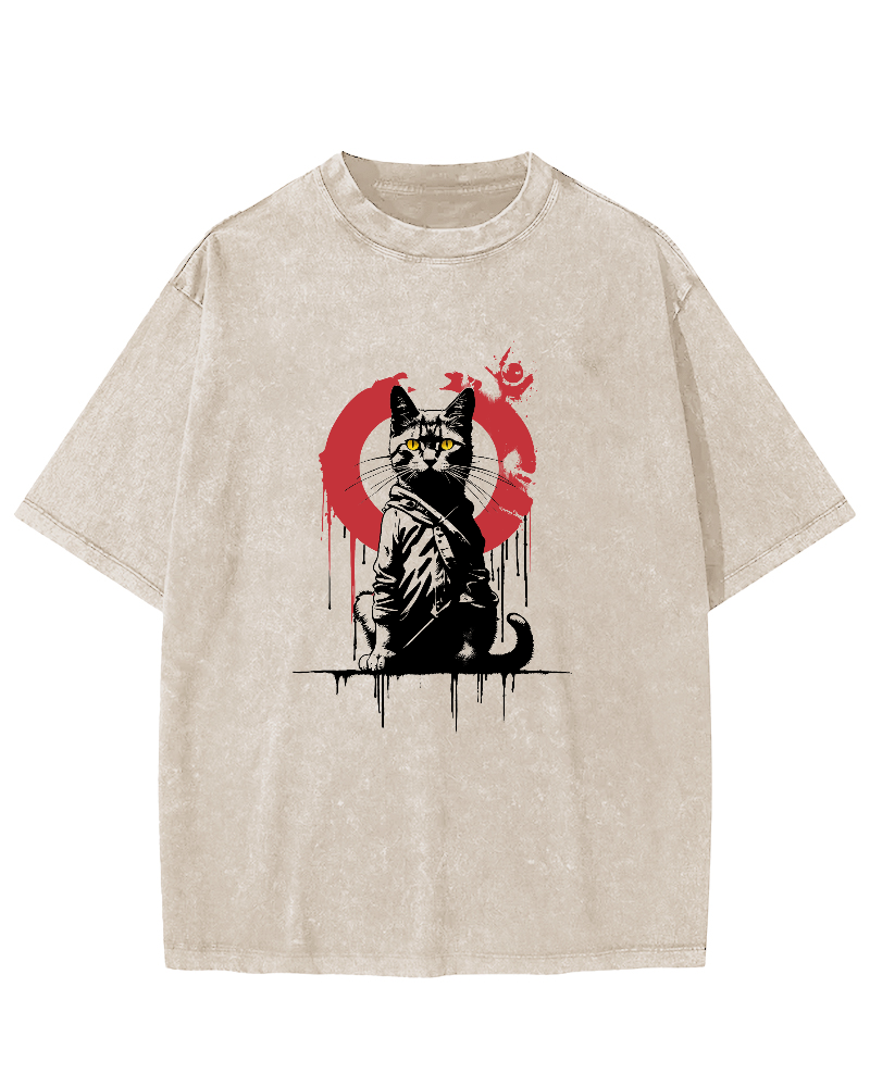 Retro Japanese Style Kitten Vintage Distressed T-shirt-Zazasy