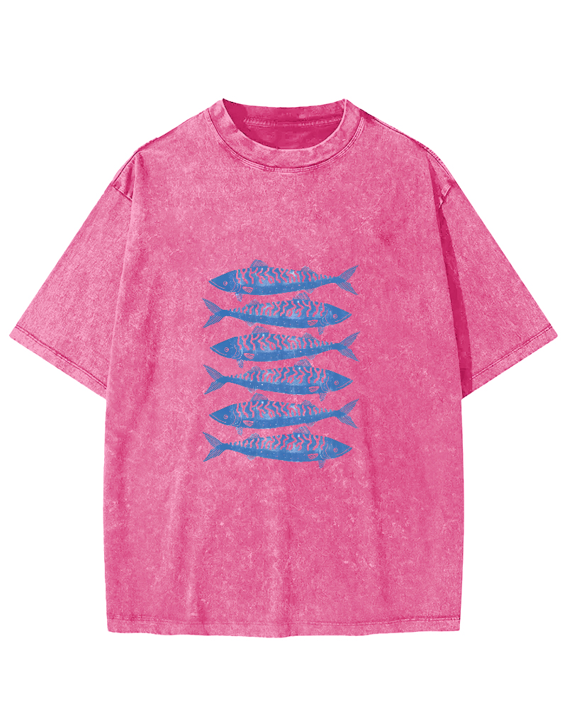 Retro Sea Fish Pattern Vintage Distressed T-shirt-Zazasy