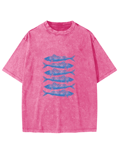 Retro Sea Fish Pattern Vintage Distressed T-shirt-Zazasy