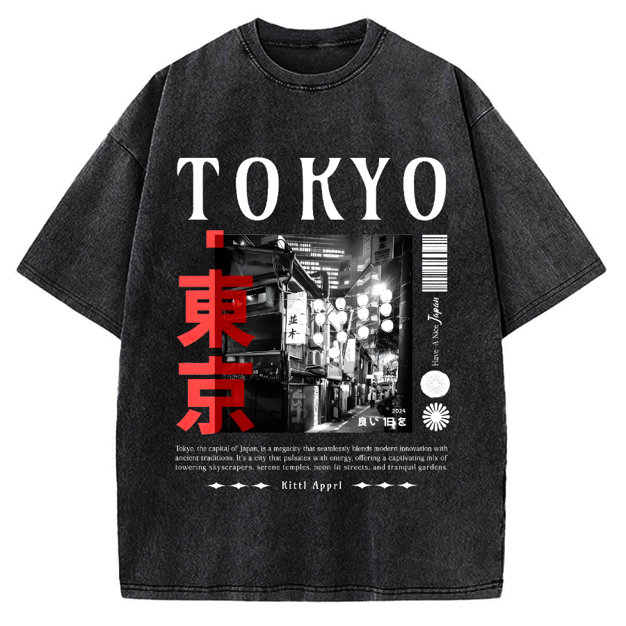 Tokyo Street Night Scene Vintage Washed T-shirt