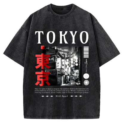 Tokyo Street Night Scene Vintage Washed T-shirt