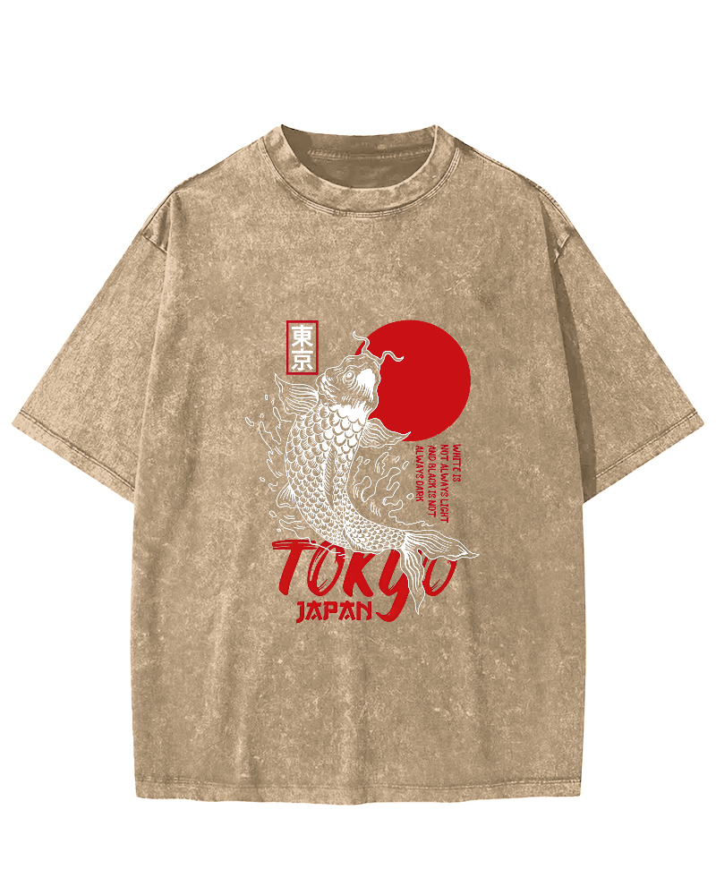 Japanese Script Koi Pattern Vintage Distressed T-shirt-Zazasy