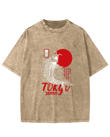 Japanese Script Koi Pattern Vintage Distressed T-shirt-Zazasy