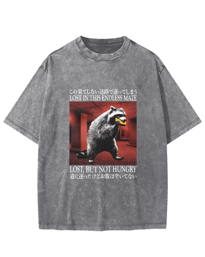 Retro Raccoon Pattern Japanese Style Vintage Distressed T-shirt-Zazasy