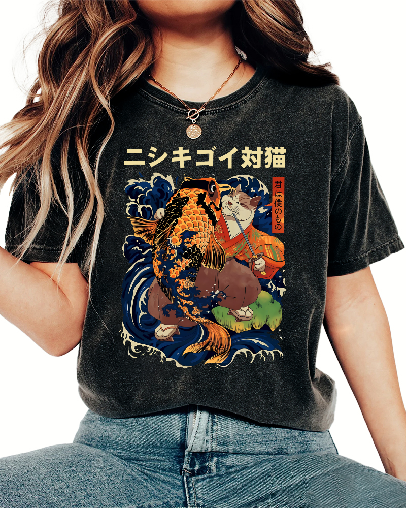 Koi and Cat Japanese Style Vintage Distressed T-shirt-Zazasy