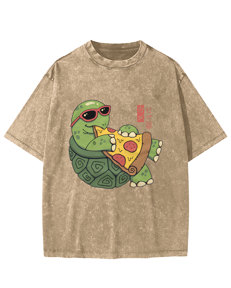 Turtle Japanese Style Pizza Lover Vintage Distressed T-shirt-Zazasy